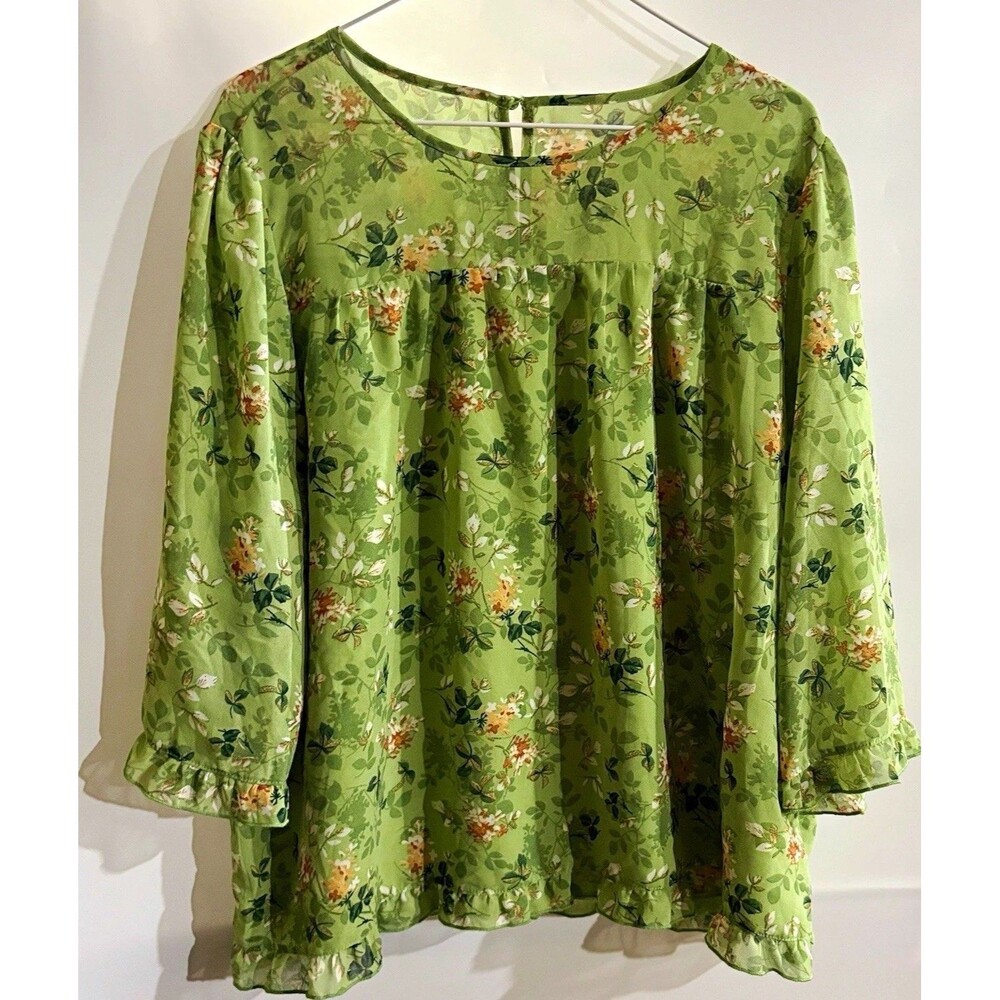 Allegra K Women’s Blouse XL Green Floral Chiffon Round Neck Ruffle 3/4 Sleeve